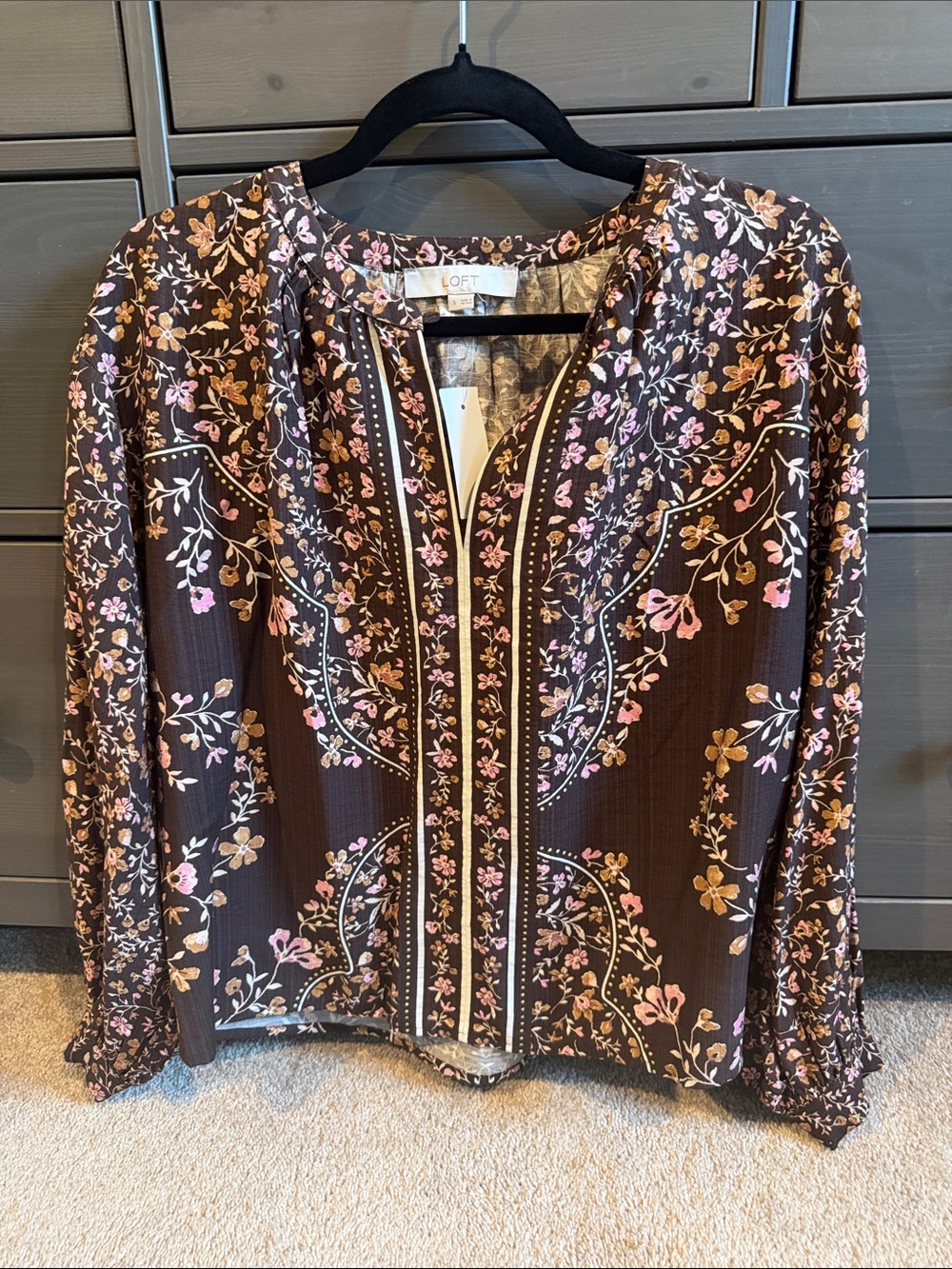 LOFT Brown Floral Peasant Blouse with Pink and Cream Accents